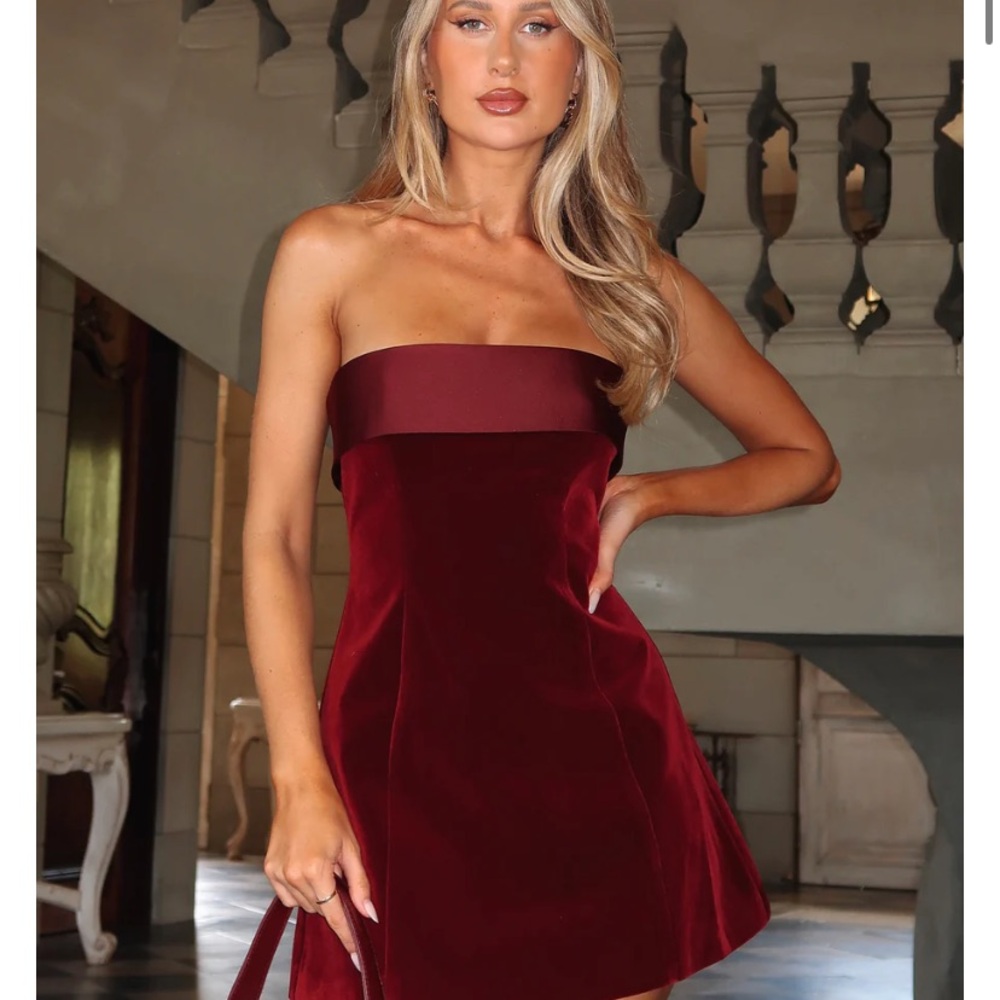 White Fox Boutique Strapless Burgundy Mini Dress